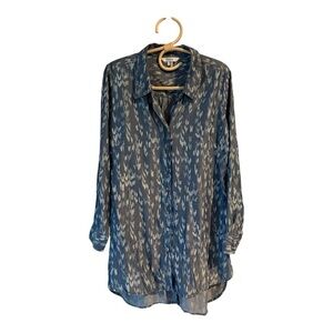 ZOZO Blue Abstract Print Button Down Tunic Mini Dress Hi Lo Longline Shirt Small